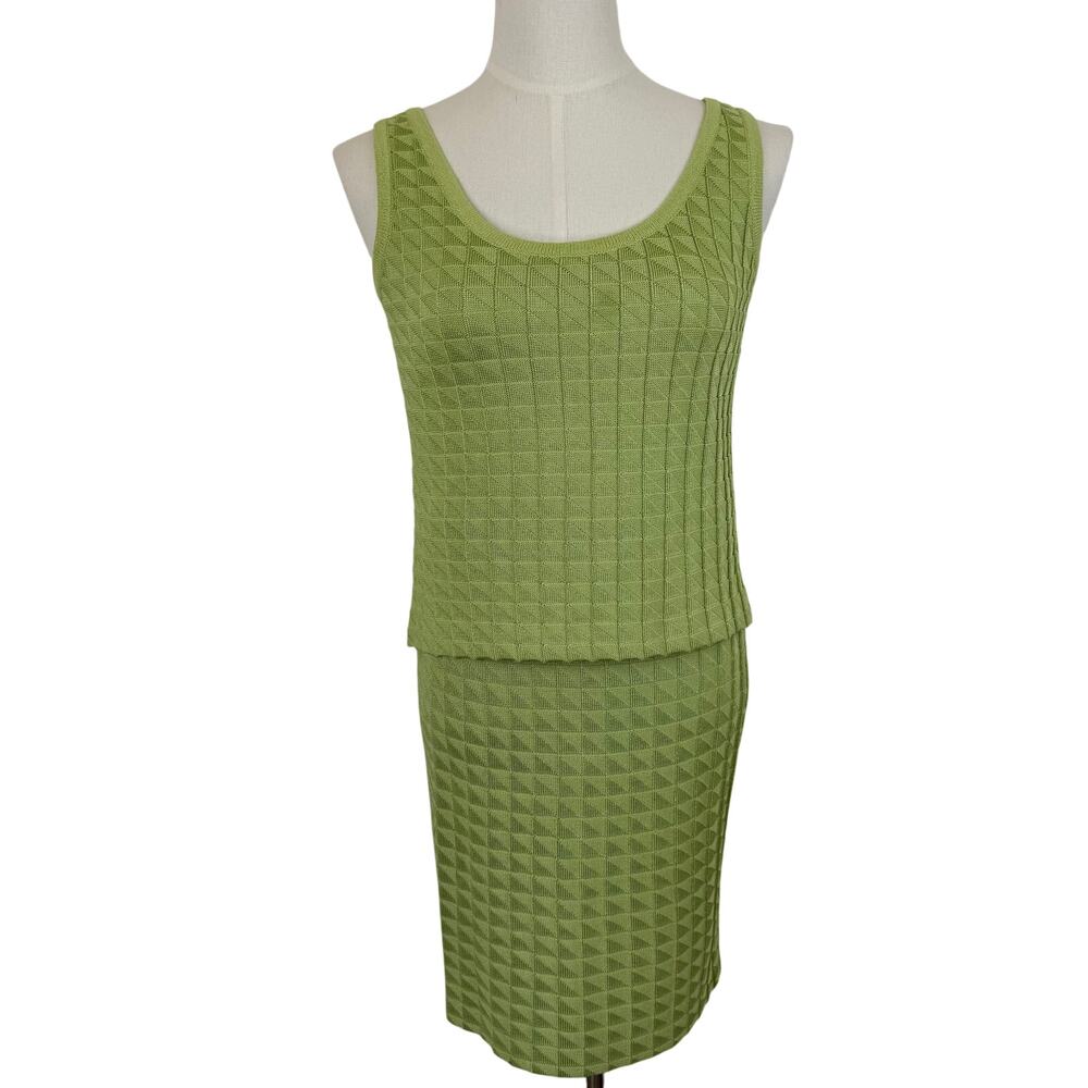 St. John Matching SET Santana Knit Sleeveless Top and Skirt Lime Green S/2